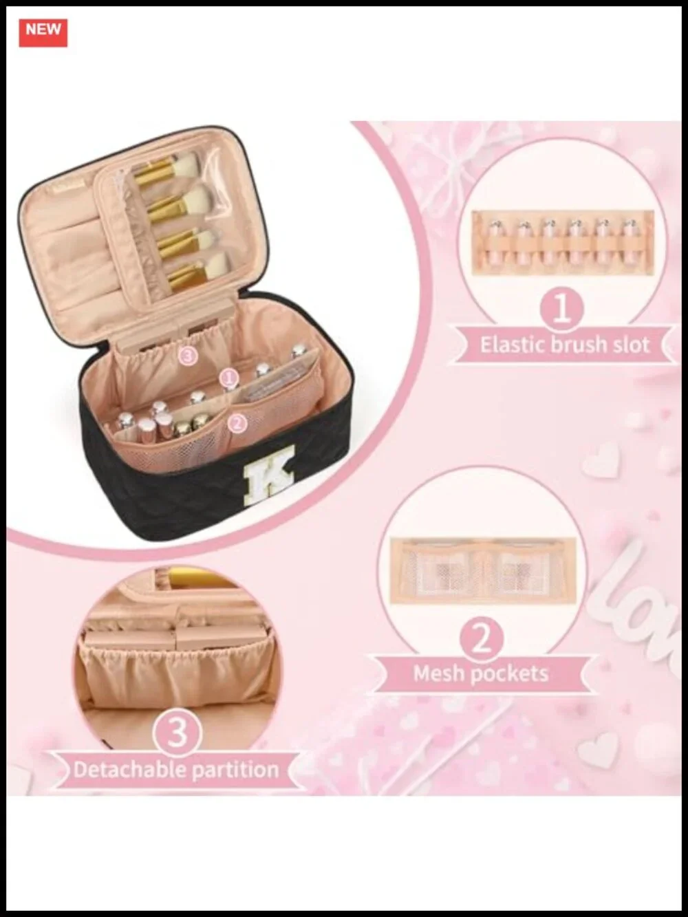 Makeup Bag for Women, Travel Cosmetic Case Organizer with Initial, Nylon,